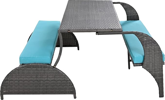 Merax Outdoor Rattan Loveseat, Patio Conversation Sets, Convertible to Four Seats with Table Sofa for Backyard, Garden and Lawn, Blue