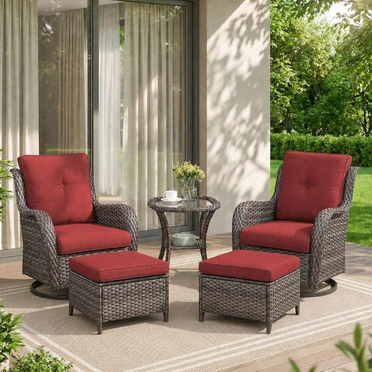 Rilyson Wicker Patio Furniture Set - 5 Piece Rattan Outdoor Sectional Conversation Sets with 2 Swivel Rocking Chairs,2 Ottomans and 1 Side Table for Porch Deck Garden(Mixed Grey/Red)
