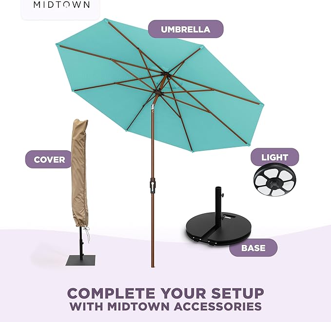 Midtown Umbrellas Wooden 2-8 Ft Patio Umbrella with 360° Swivel & Tilt Mechanism, 8 Fiberglass Ribs & Sunbrella Fabric - Outdoor Umbrella for Deck, Pool & Garden - Burgundy Canopy, Wooden Pole