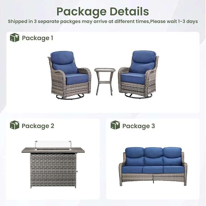 Luxury Patio Furniture Set with 6-inch Thick Cushion, Outdoor Furniture with Fire Pit Table, Swivel Chairs, Side Table, Sofa, 5pcs Wicker Conversation Set for Deck Yard Grey Wicker | Blue Cushion