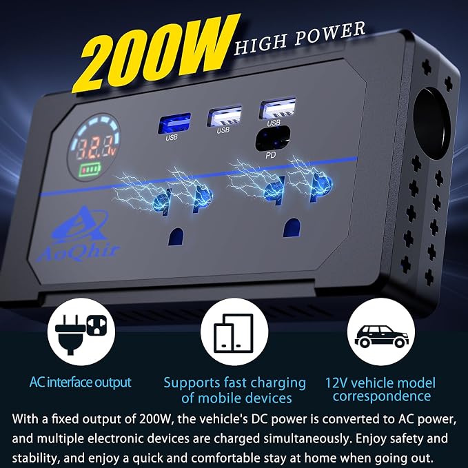 Car Inverter 200W DC12V to AC100V Converter, 3 USB Ports with QC3.0 Fast Charging, TYP-C Support, Smart Display, Multi-Protection, Car Power Inverter for Charging & Power Supply