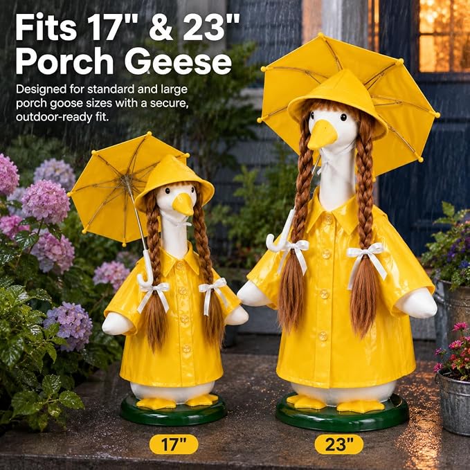 Porch Goose Raincoat Outfit 4 Pieces Summer Porch Goose Outfit with Brown Braided Wig Rain Hat Umbrella Rainy Day Clothes Decor for Lawn Goose Statues