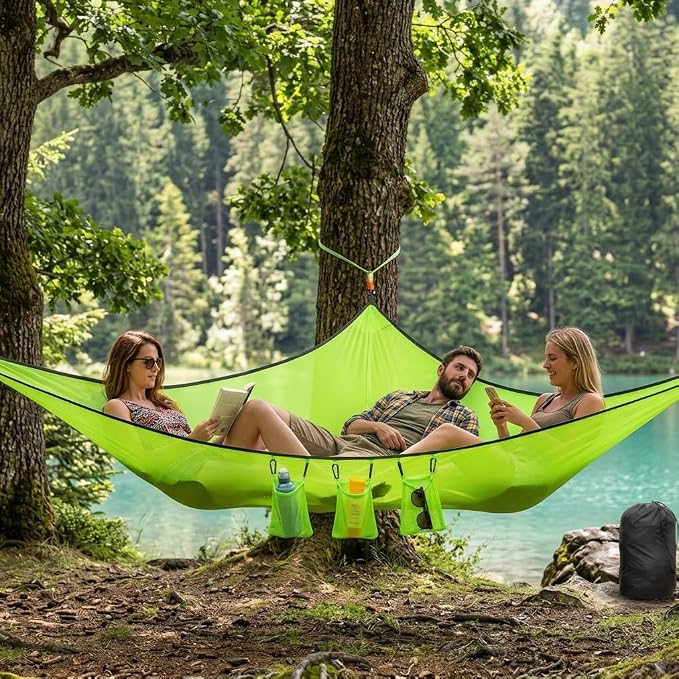 Multi-person triangular hammock, aerial camping hammock, suspended type, suitable for outdoor adventures, hiking, backyards, and gardens, includes straps, buckles, and storage bag (Green, 110in*110in)