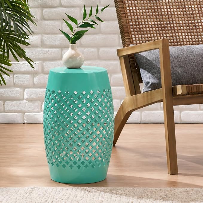 12" Outdoor Side Table, Decorative Cutout Metal Round Side Table, Multi Functional - Coffee Table, Night Stand, Plant Stand for Patio, Garden, Backyard, Gazebo Indoor (Green)