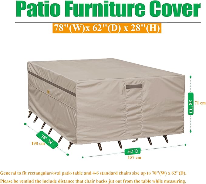 600D Heavy Duty Waterproof Patio Furniture Covers UV Resistant Rectangualr Outdoor Table and Chair Covers 78" Wx 62" D x 28" H Beige