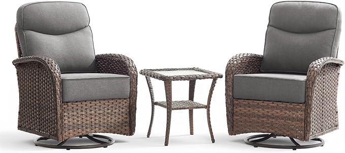 Luxury Wicker Patio Furniture Set with 6-Inch Thick Cushions, 3 Pieces Outdoor Swivel Rocker Patio Chairs Set of 2 with Rattan Side Table, Outdoor Patio Conversation Sets for Garden Deck, Gray