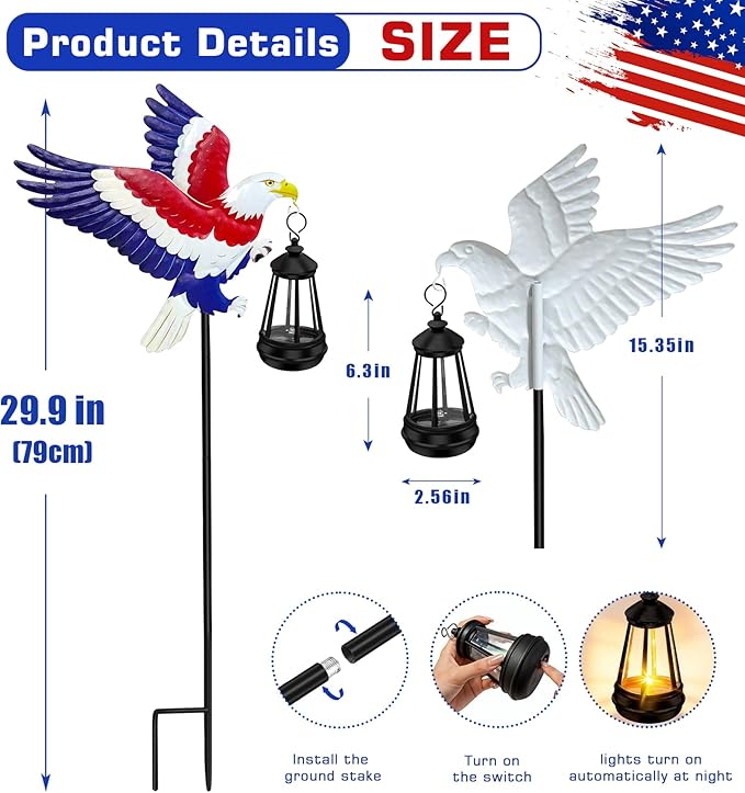 4th of July Decorations Outdoor Solar Lights, Solar Eagle Garden Lights with Lantern, Patriotic Eagle Stake Light for Yard Lawn Garden Patio, USA 250th Anniversary Decor for Memorial Day Veterans Day