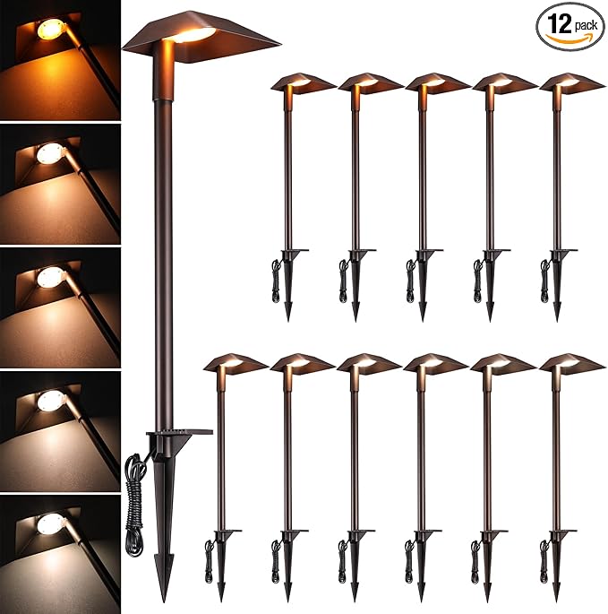 LEONLITE 12-Pack 5CCT Anti-Glare Low Voltage Pathway Lights, 5W Wired LED Landscape Path Lights, Aluminum IP65 Outdoor Landscape Lighting for Walkway Yard, 1800K/2700K/3000K/4000K/5000K, ETL
