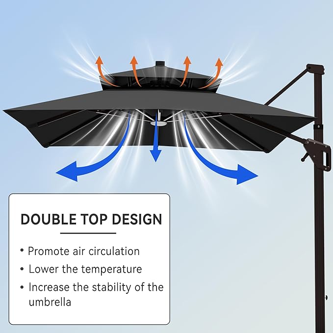10' X 13' Cantilever Patio Umbrella with Base Included and Led Lights Double Top Rectangular Outdoor Large Offset Umbrellas with 7 Tilts Adjustable 360°Rotation for Deck Pool Garden Backyard, Grey