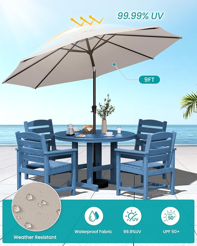SERWALL 6-Piece Patio Dining Sets, HDPE Outdoor Table and Chairs Furniture Set with Umbrella, 45" Round Dining Table & 4 Dining Chairs & 1 9FT Umbrella, Navy(Not Include Umbrella Base)