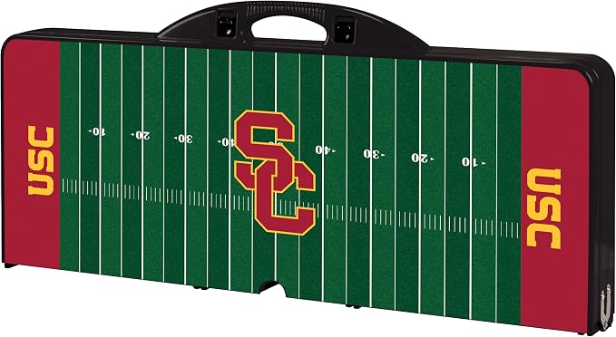 PICNIC TIME NCAA USC Trojans Folding Picnic Table with 4 Seats, Camping Table, Outdoor Table with Umbrella Hole, (Black - Football Field)