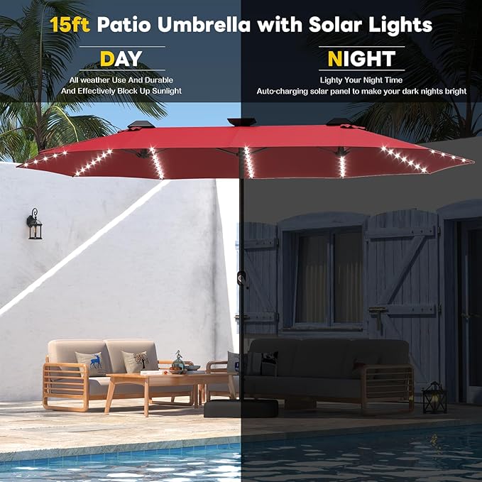AECOJOY 15ft Double-Sided Patio Umbrella with Solar Lights, Outdoor Rectangle Market Large Patio Umbrella with Base Include, Crank Handle, 156 PCS LED Lights for Garden Deck Pool in Red (1.9" Pole)