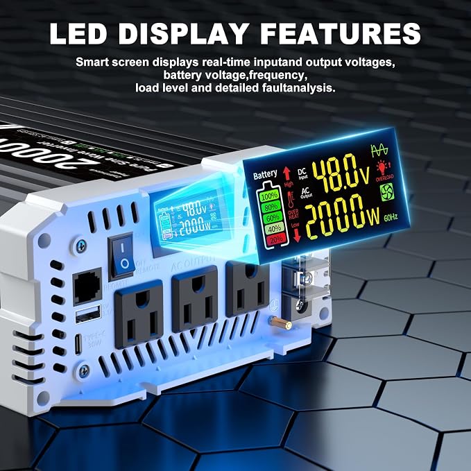 48V Inverter 2000 Watt Inverter, Pure Sine Wave Inverter, Power Inverter with Remote Control, 48V DC to 110V AC, 3 AC Outlets, USB & Type-C Ports, LCD Display for RV, Solar, Home Backup Power