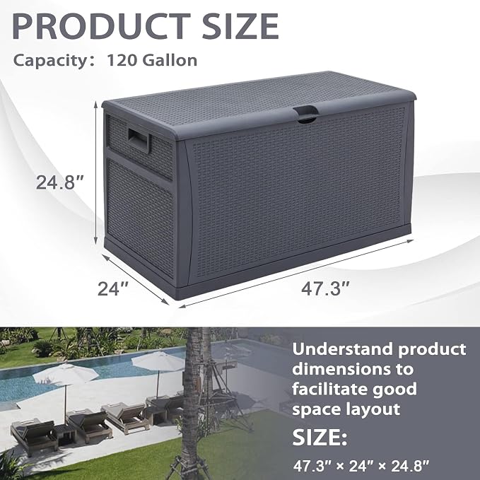 Crownland 120 Gallon Outdoor Patio Storage Deck Box Backyard Resin Container Weatherproof Box Patio Garden Furniture Storage Boxes All Weather Using,Gray, Grey