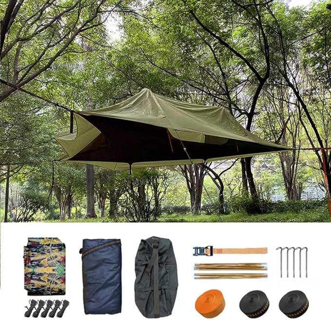 Outdoor Camping Hammock Tent, Large Triangle Hammocks for 1-3 Persons-Portable Camping Mosquito Net for Outside, Hiking Travel(Military Green)
