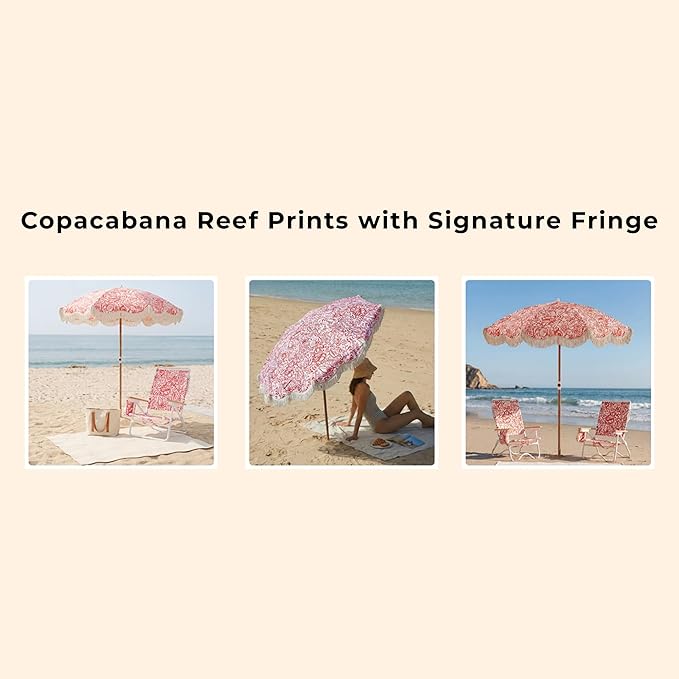 6FT Fringe Beach Umbrella for Sand, Boho Coastal Patio Umbrella with Tassels, UPF 50+ Sun Protection, Tilt, Carry Bag for Beach Vacation & Pool, Reef Crimson
