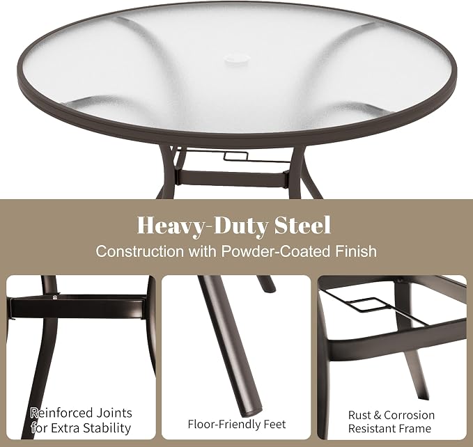 Glass Dining Table, 40" Outdoor Round Patio Table with Steel Base & 1.7" Umbrella Hole, Brown Frame