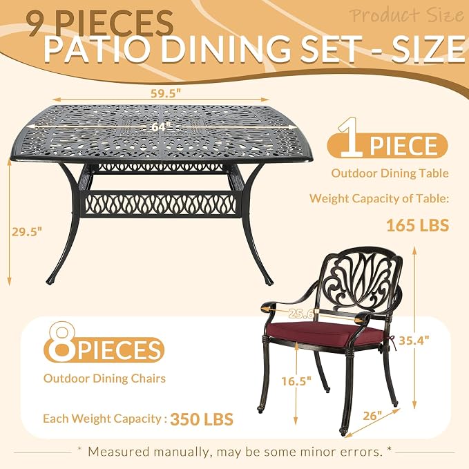 9 Piece Outdoor Patio Dining Set for 8, Cast Aluminium Large Square Dining Table & 8 Cushioned Stackable Chairs, Umbrella Hole, Patio Furniture Set for Garden Porch Poolside, Chili Red