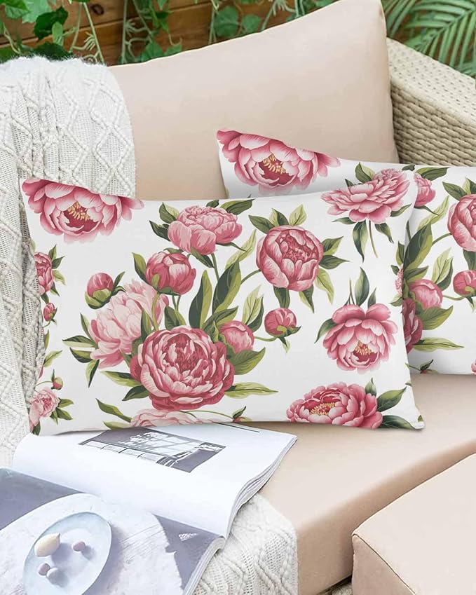 Vandarllin Outdoor Throw Pillows Covers 20x12 inch Set of 2 Waterproof Pink Rose Floral Decorative Zippered Cushion Covers for Patio Furniture, Leaves Flowers Lumbar Pillowcases