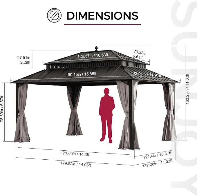 SUNJOY Kingston 16' x 12' Hardtop Gazebo with Galvanized Steel Double Roof, Curtain and Netting, Brown Aluminum Posts Permanent Pavilion Gazebo for Garden, Patio, Deck, Lawn