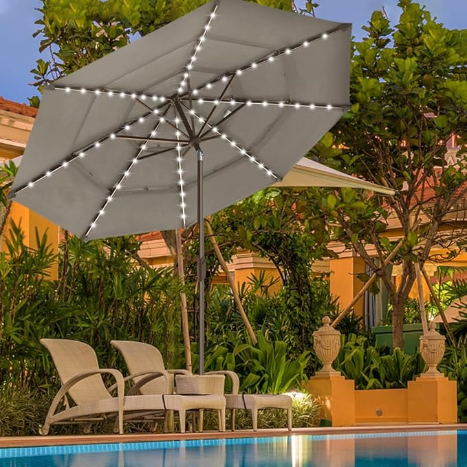 EliteShade USA 10-Year-Non-Fading 9ft 3-Tier Market Patio Umbrella, Commercial Table Umbrella with 80 Solar LED Lights, Crank Open, Windproof & UPF 50+ UV Protection for Garden, Deck, Pool, Backyard, Taupe