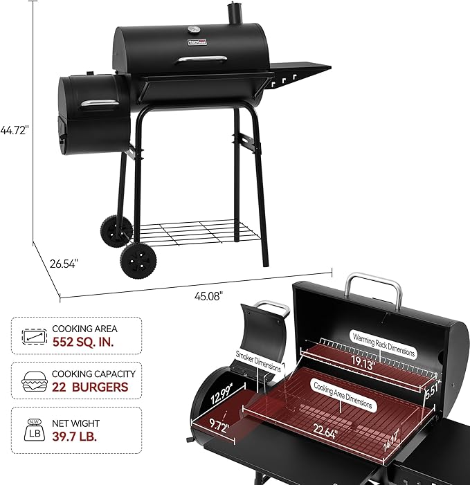 Barrel Charcoal Grill with Offset Smoker, Side Shelf with Hooks, Mesh Bottom Shelf, Blow-Molded Wheels, Outdoor Grilling and Backyard Cooking, CC1624S, Black
