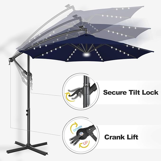 FLAME&SHADE 10ft Solar Cantilever Umbrella with 40 LED Lights, Lighted Large Offset Outdoor Patio Umbrellas, 8 Sturdy Ribs, UPF50+ UV Protection for Pool Deck Garden Yard, Navy Blue