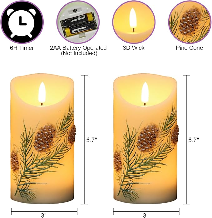 Pinecone LED Candles with 6H Timer, flameless Candles with Flickering Flame, Waxy Pillar 2 Pack Flickering Acorn Decor Woodsy for Fall Christmas Decor (3 inches x 5.7 inches)