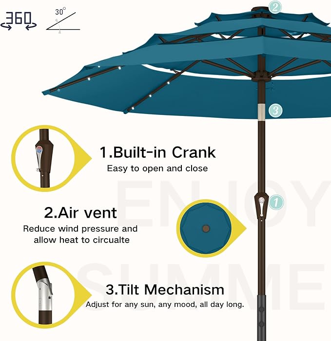 Kingdura 9ft 3-Tier Patio Umbrella with Solar Lights, Table Umbrella Outdoor Patio with Easy Crank & Tilt, 8 Sturdy Ribs, UV Protection, 32 LED Lights for Deck, Poolside, Market (Lake blue)