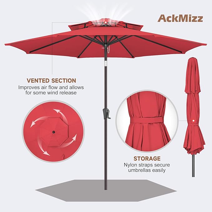 9FT Outdoor Patio Umbrella - 2 Tiers Table Umbrella Waterproof UV Protection, Sombrillas de Patio with Push Button Tilt, Sun Umbrella for Pool, Porch, Garden, Backyard (Red)