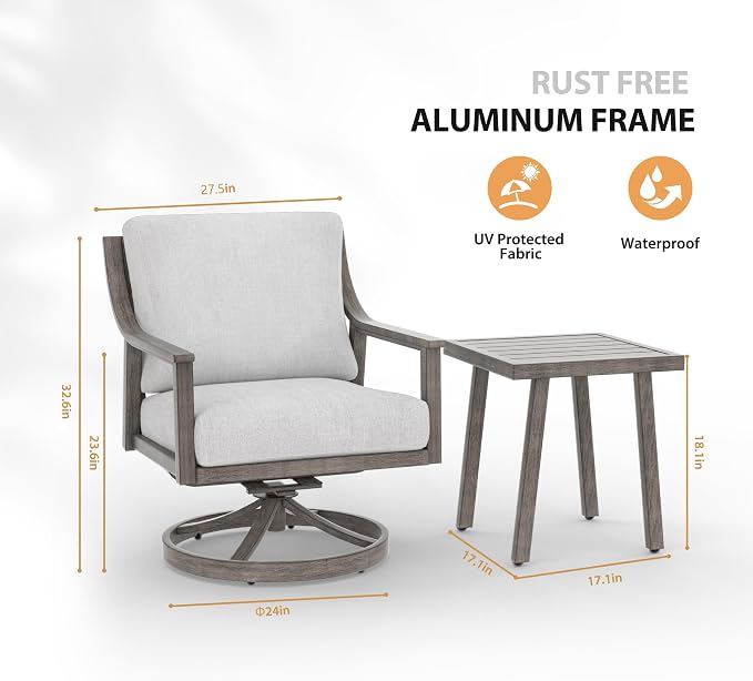 3-Piece Patio Conversation Set Aluminum Swivel for Outdoor Deck,(Grey) | Aluminum Outdoor Conversation Set Includes 1 Side Table and 2 Cushioned Swivel Rocker Chairs