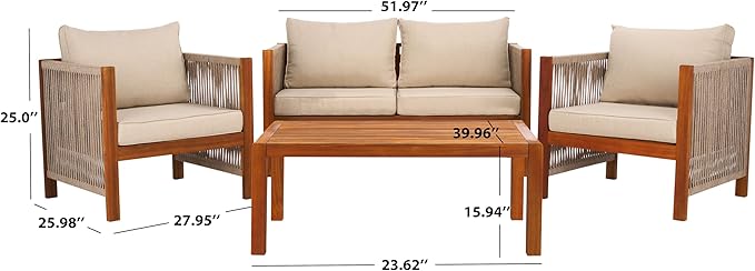 SAFAVIEH Outdoor Collection Roya Natural/Taupe Solid Wood 4-Piece Conversation Set