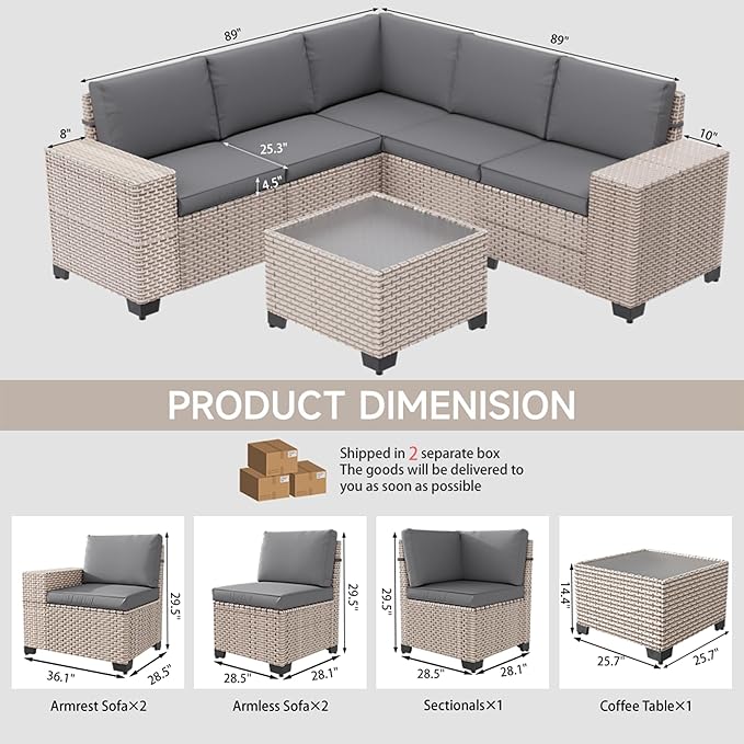 6-Piece Outdoor Patio Furniture Set, Modular Sectional Sofa Set with Glass Coffee Table and Cushions, Wicker Outdoor Couch Conversation Sets, Gray