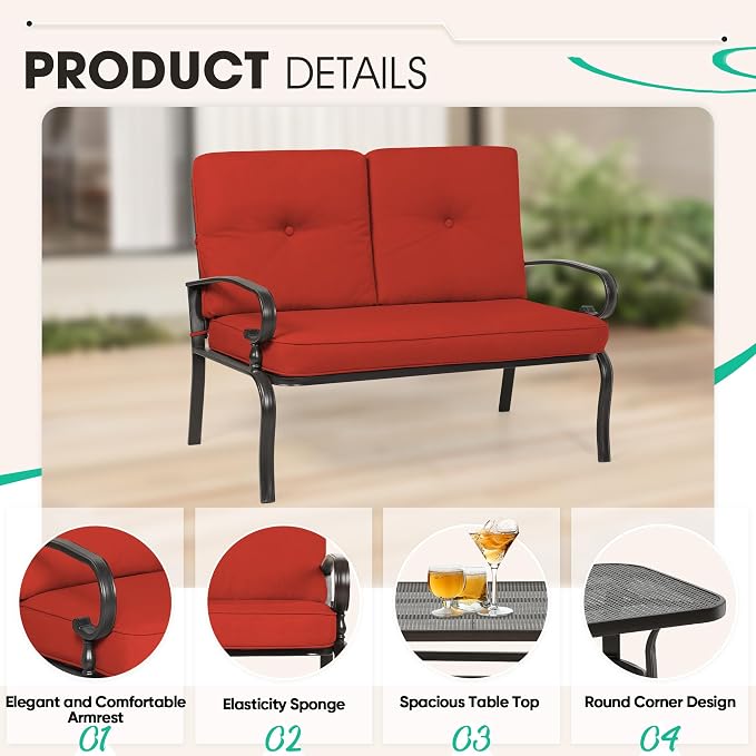 Incbruce 7 Piece Wrought Iron Patio Furniture Set Metal Outdoor Conversation Sets (Loveseat, Coffee Table and Bistro Table, 2 Spring Chair, 2 Dining Chairs) with Cushion (Red)