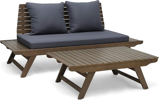 Christopher Knight Home Sedona Outdoor Acacia Wood Loveseat and Coffee Table Chat Cushion Patio Furniture Conversation Sets, 65 "W x 28.25 "D x 29.5 "H, Gray + Dark Gray