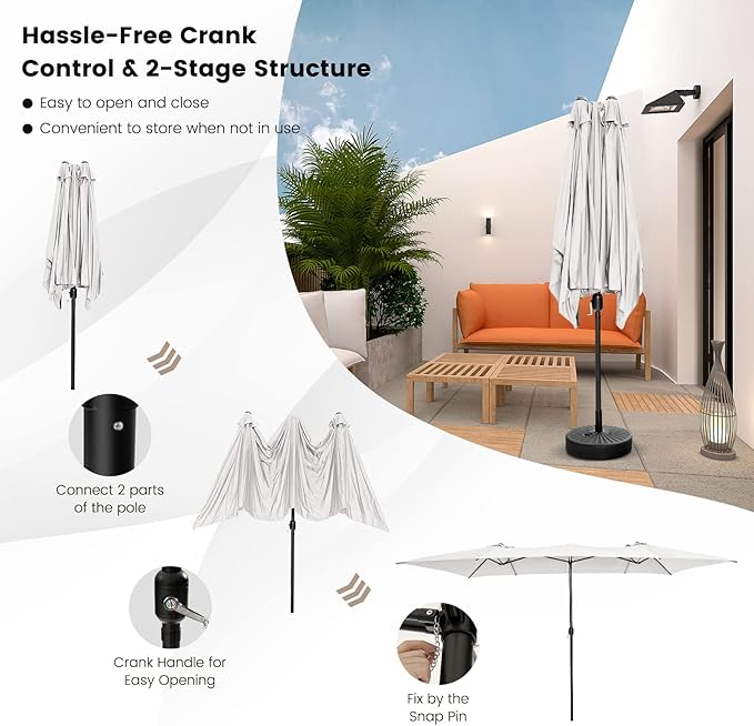 Tangkula 15 FT Double-Sided Patio Umbrella with Crank Handle, Vented Tops, Large Outdoor Rectangle Market Twin Umbrella with 10-Rib Metal Structure, Table Umbrella for Poolside Deck Lawn Garden