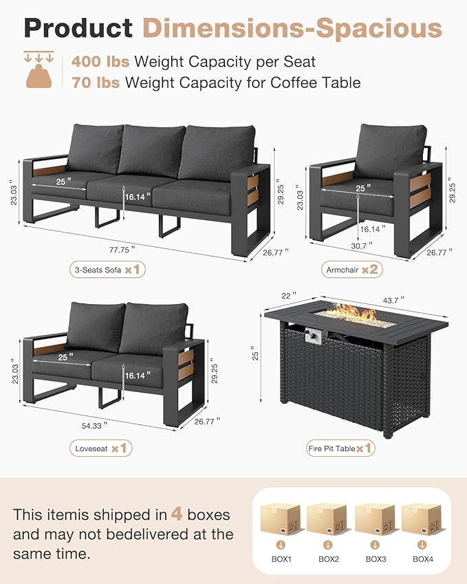 Aoxun Aluminum Patio Furniture Set with Fire Pit Table, 5 Piece Luxury Outdoor Sectional with 6" Olefin Fabric Cushions, Patio Conversation Sets with Waterproof Cover for Backyard, Porch Dark Grey