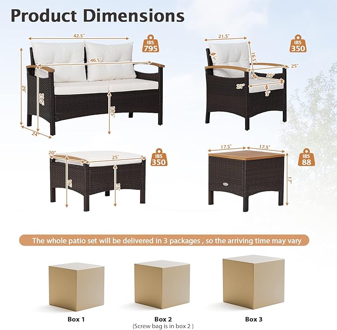 Tangkula 7 Pieces Patio Rattan Sofa Set, Outdoor Wicker Conversation Set w/Seat & Back Cushions, 2 Ottomans & 2 Coffee Tables, Acacia Wood Tabletop & Armrests, Wicker Sofa Set for Backyard, Poolside