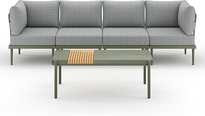 Metal Patio Furniture Set, 5 Pieces Outdoor Sectional Couch with Coffee Table & Washable Thick Cushion, Modular Outdoor Corner Sofa Sets for Balcony, Patio & Courtyard (Gray/Green)