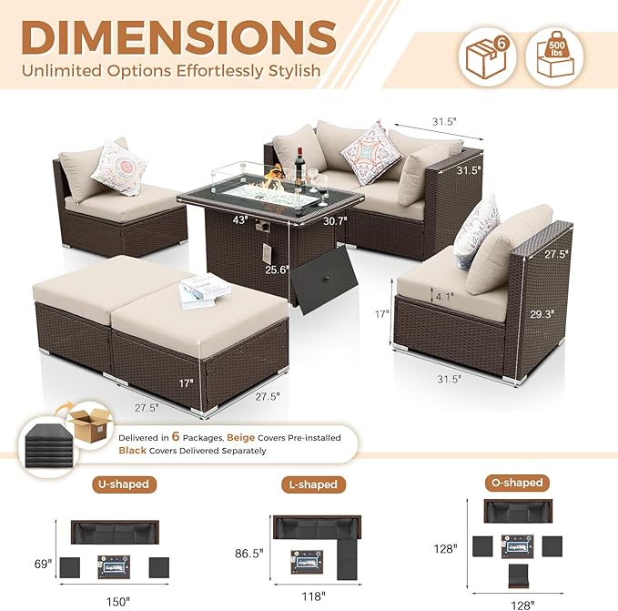 BULEXYARD 7 Pcs High Back Patio Furniture Set with Fire Pit Table Propane/Natural Gas Dual Fuel, Heavy Duty Outdoor Sectional Couch, Comfy Backyard Seating for Exterior, Brown Wicker & Black Cushion