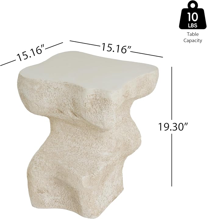 Outdoor Side Table, Modern Organic MGO Accent End Table for Patio, Living Room, Beige Tone Organic Textured Stone-Look