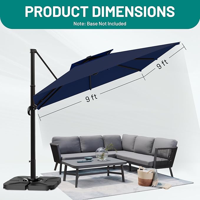 AreShark 9×9FT Double-Top Cantilever Patio Umbrella,Square Offset Umbrella with 360 Degree Rotation, Heavy Duty Patio Umbrella for Garden Deck Pool, 5 Tilt Angles, Navy