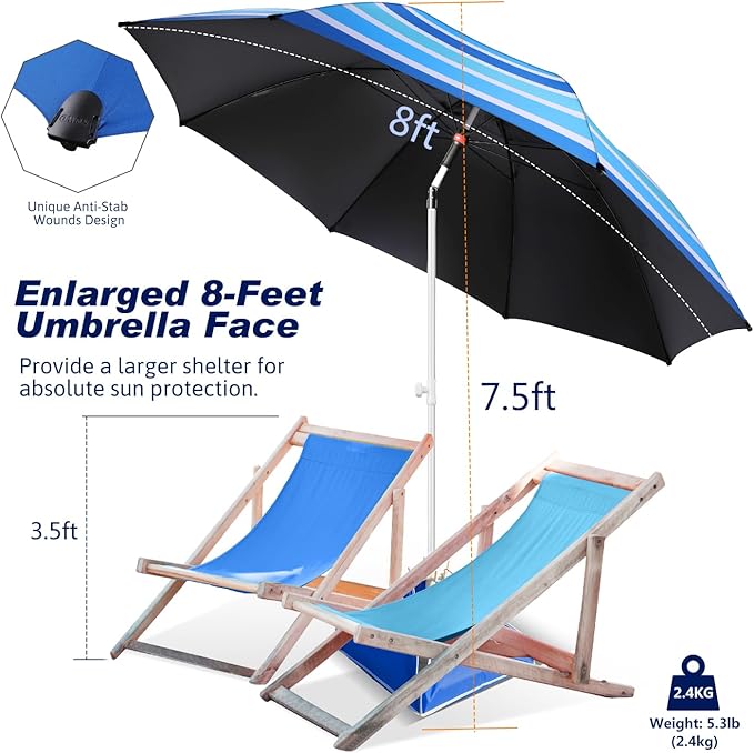 Fisqueen 8FT Large Beach Umbrella with Level 7 Wind Resistance, Sand Anchor, Portable Outdoor Umbrella with UPF50+ UV Protection, Tilt Sun Shelter for Beach, Patio, Yard