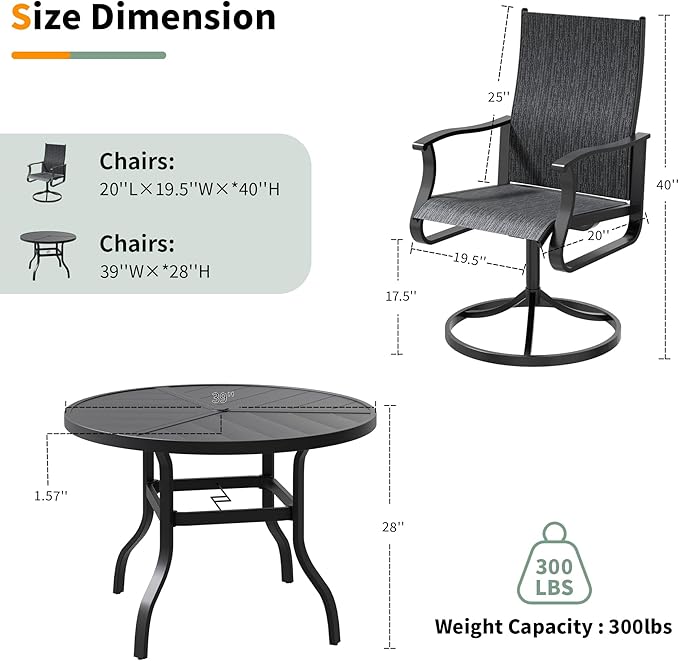 UDPATIO 5 Piece Outdoor Patio Table and Chairs Set with 39" Round Table & 4 Patio Swivel Chairs with All Weather Textilene High Back & Metal Frame, Patio Table with Chairs, Outdoor Patio Dining Set