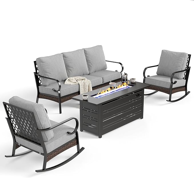 4 Piece Black Metal Outdoor Patio Furniture Sets with Firepit Table, Patio Conversation Sets 1 3-Seater Sofa, 2 Rocking Sofa with 5.75" Cushion Backyard Furniture for Deck, Light Gray