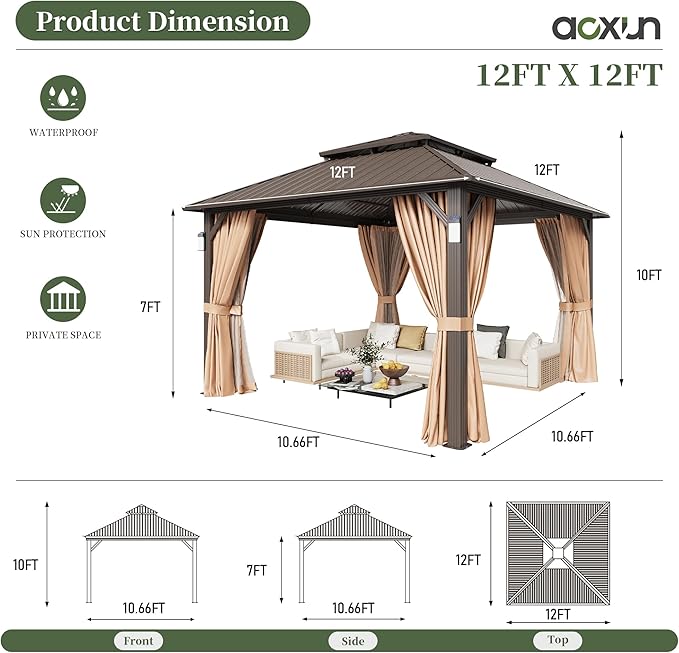 Aoxun 12'x12' Hardtop Gazebo with 4 LED Lights, Outdoor Gazebo with Galvanized Steel Double Roof, Patio Gazebo with Breathable Netting & Privacy Curtain, Decor Hooks for Backyard, Brown