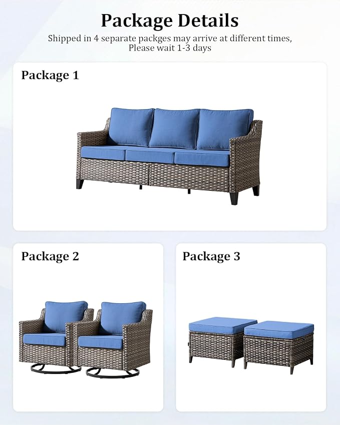 Outdoor Furniture Set of 7, Patio Furniture Set with 4 Wicker Swivel Rocker Chairs, 2 Ottomans and Sofa, High Back&Deep Seat for Garden Deck Porch Balcony Backyard - Blue