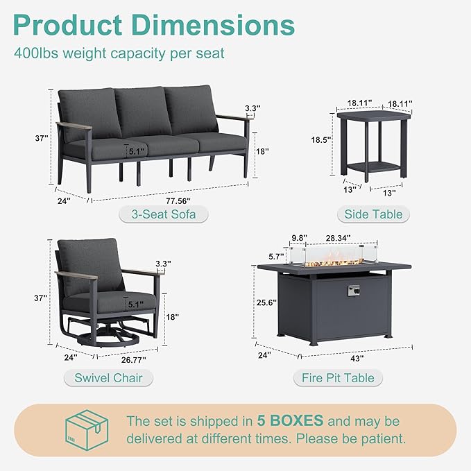 7-Seat Outdoor Patio Furniture Set with Rocking Swivel Chairs, Aluminum Sectional Sofa Patio Conversation Set with 55,000 BTU Fire Pit Table & High Backrest & Thickened Cushions, Dark Grey