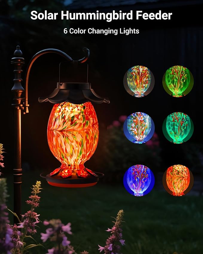 HouseSapp Solar Hummingbird Feeder - 49 fl.oz Hand Blown Glass Color Changing - 7 Feeding Ports with Perch - Never Leak - Perfect Hummingbird Feeder
