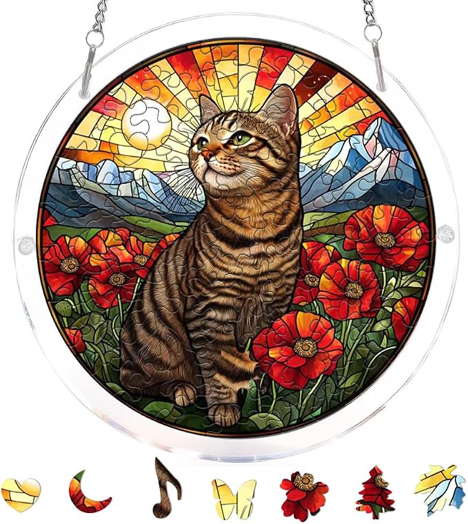Acrylic Puzzle Suncatcher, Cat & Flower Stained Glass Window Hanging, Sun Catcher Puzzle Kit Home Garden Decor, Creative Mothers Day and Birthdays Gifts for Mom, Wife, Sisters, 7.87 inch